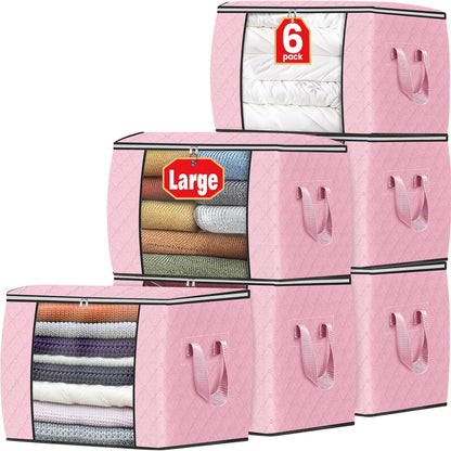 Fab totes 6 Pack Storage Bags for Clothes and Blanket, Foldable Closet Organizers and Storage with Zippers, Clear Window and Handles, Fabric Storage Bins for Sweater, Comforter, Bedding,Linen Sheets