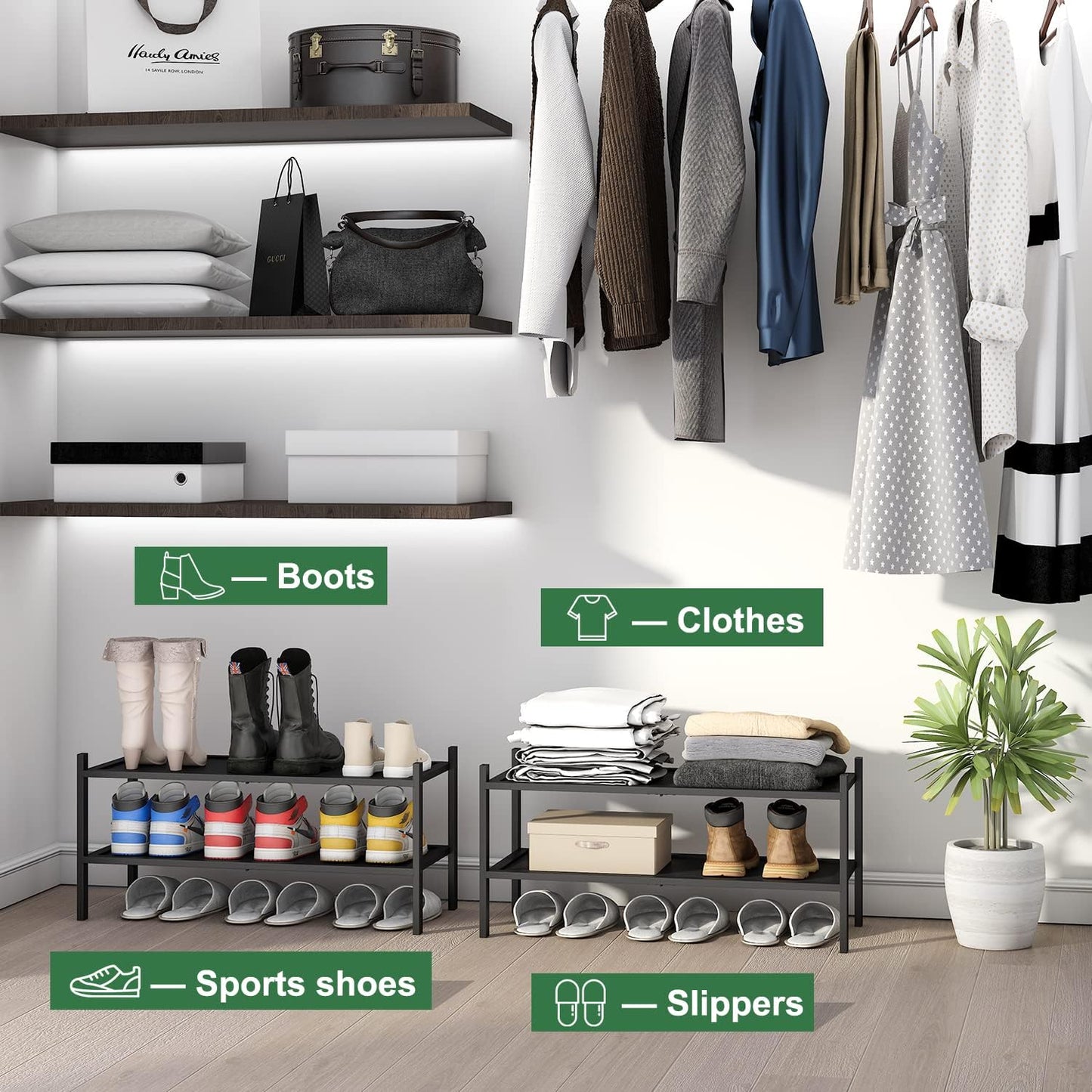 kiplant Small Shoe Rack, 4-Tier Bamboo Wood Shoe Rack for Entryway, Stackable Shoe Organizer for Hallway Closet, Free Standing Shoe Racks for Indoor & Outdoor