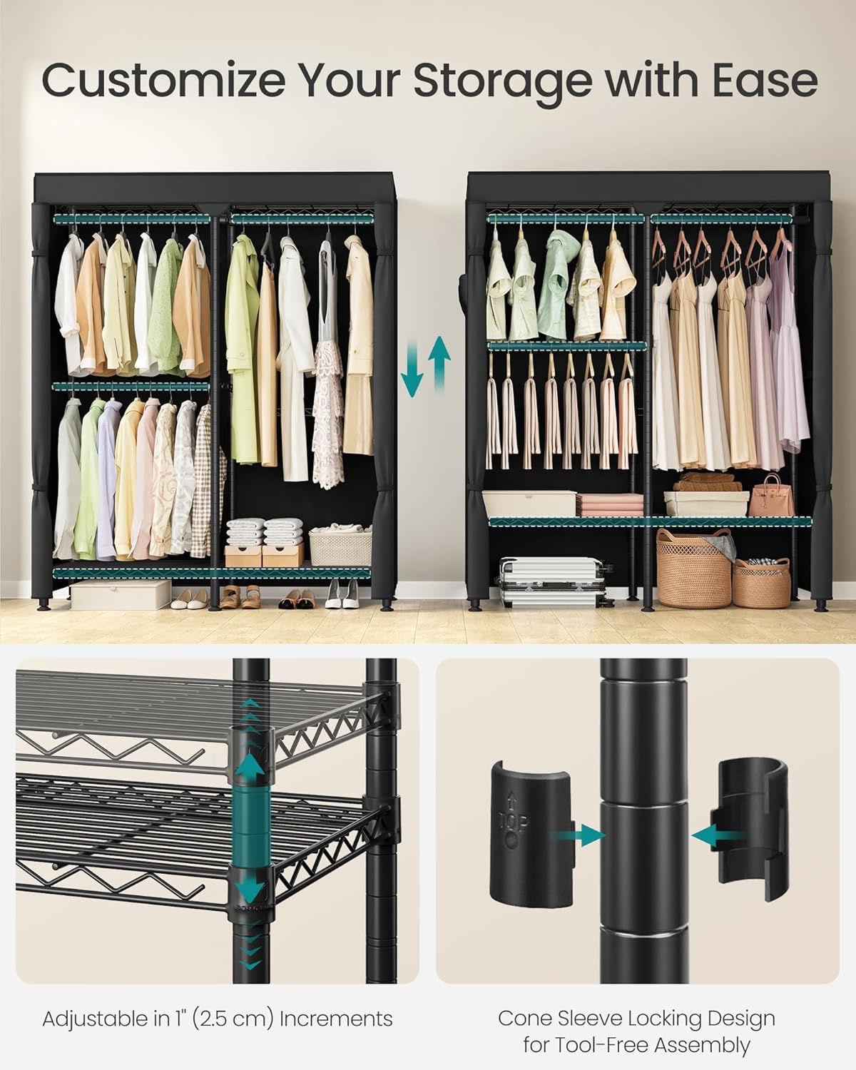 SONGMICS Heavy-Duty Clothes Rack, Garment Rack, Portable Closet, 68.7-Inch Wide Clothing Rack with Adjustable Mesh Shelves and Hanging Rails, Ink Black ULGR433B01