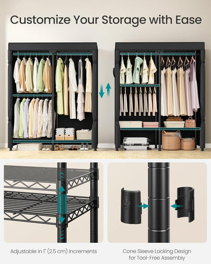 SONGMICS Heavy-Duty Clothes Rack, Garment Rack, Portable Closet, 68.7-Inch Wide Clothing Rack with Adjustable Mesh Shelves and Hanging Rails, Ink Black ULGR433B01