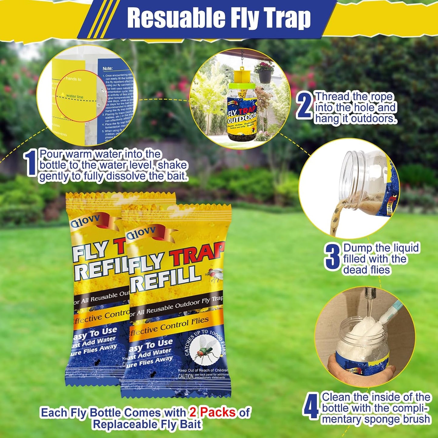 Reusable Fly Traps Outdoor Bottles, 3 Pack Fly Killer Catcher Jar with 6 Natural Magnet Bait Refills Lure, Flies Bug Insect Trap Control Outdoor Hanging for Outside Barns, Stable, Patio