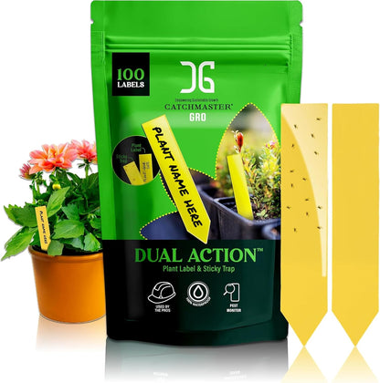Catchmaster Dual Action Plant Labels 100 PK, Sticky Insect Trap Plant Stakes, for Live Plants Indoor Outdoor, Fruit Fly Trap, Glue Traps for Home, Farm, Garden, Hydroponics & Greenhouse, Pest Control