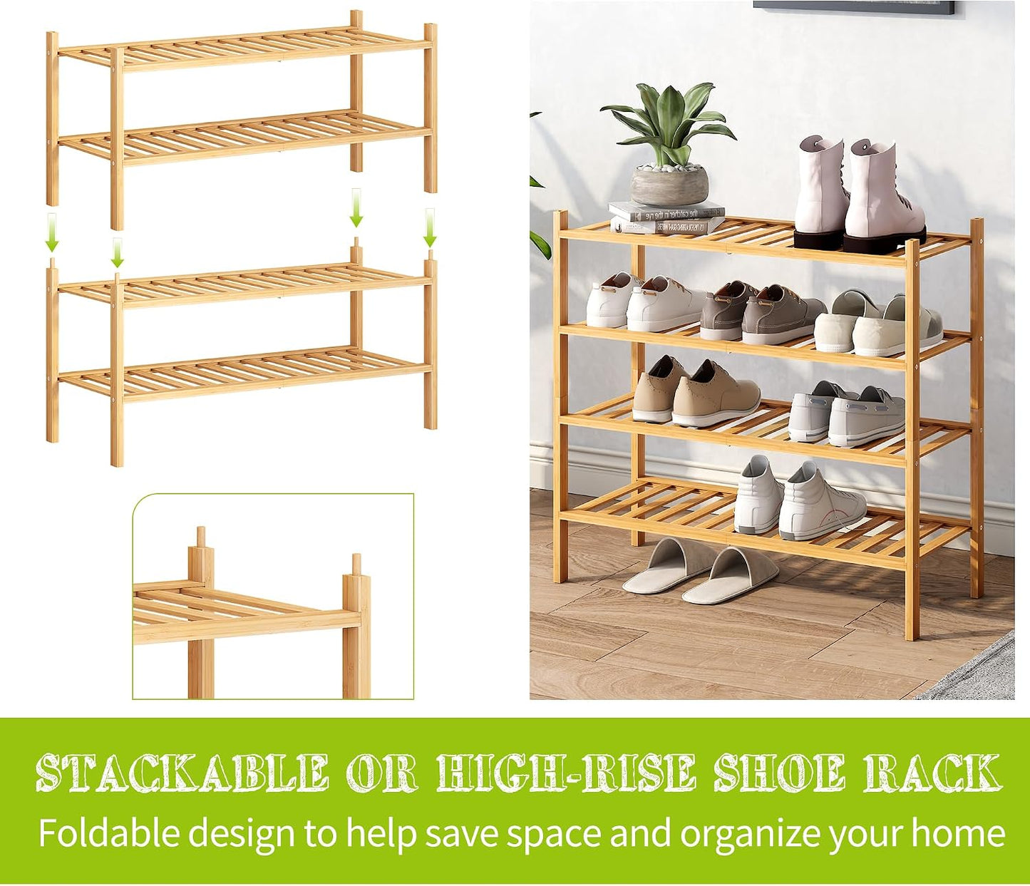 BMOSU 2-Tier Bamboo Small Shoe Rack Premium Stackable Shoe Shelf Storage Organizer for Hallway Closet Living Room Entryway Organizer (Black Bamboo)