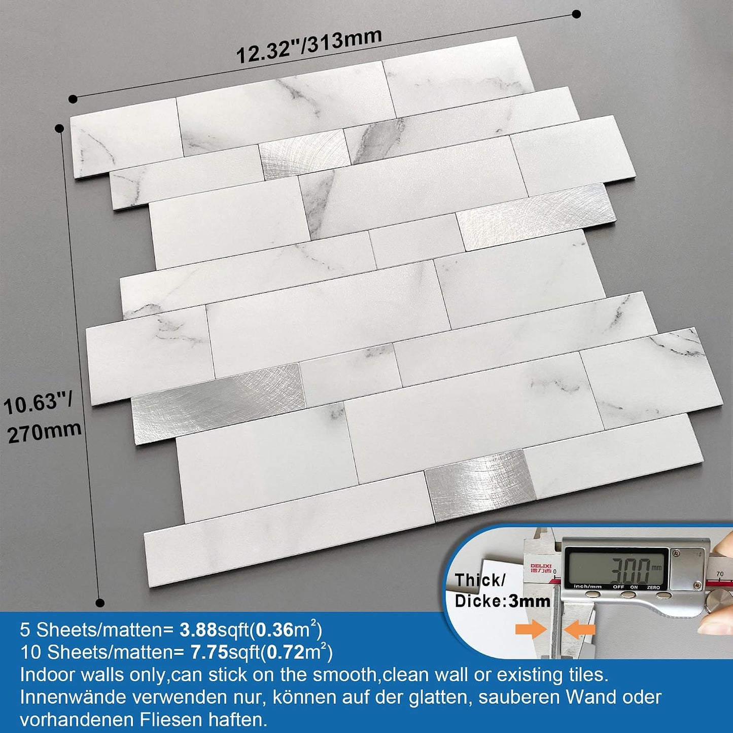 MOFIT Backsplash Tile for Kitchen Peel and Stick Stone Matte Finish,Bathroom Tiles Stickers 3D Wall Panel Linear Mosaic Marble Backsplash Waterproof(10sheets,Blue Green Gray)