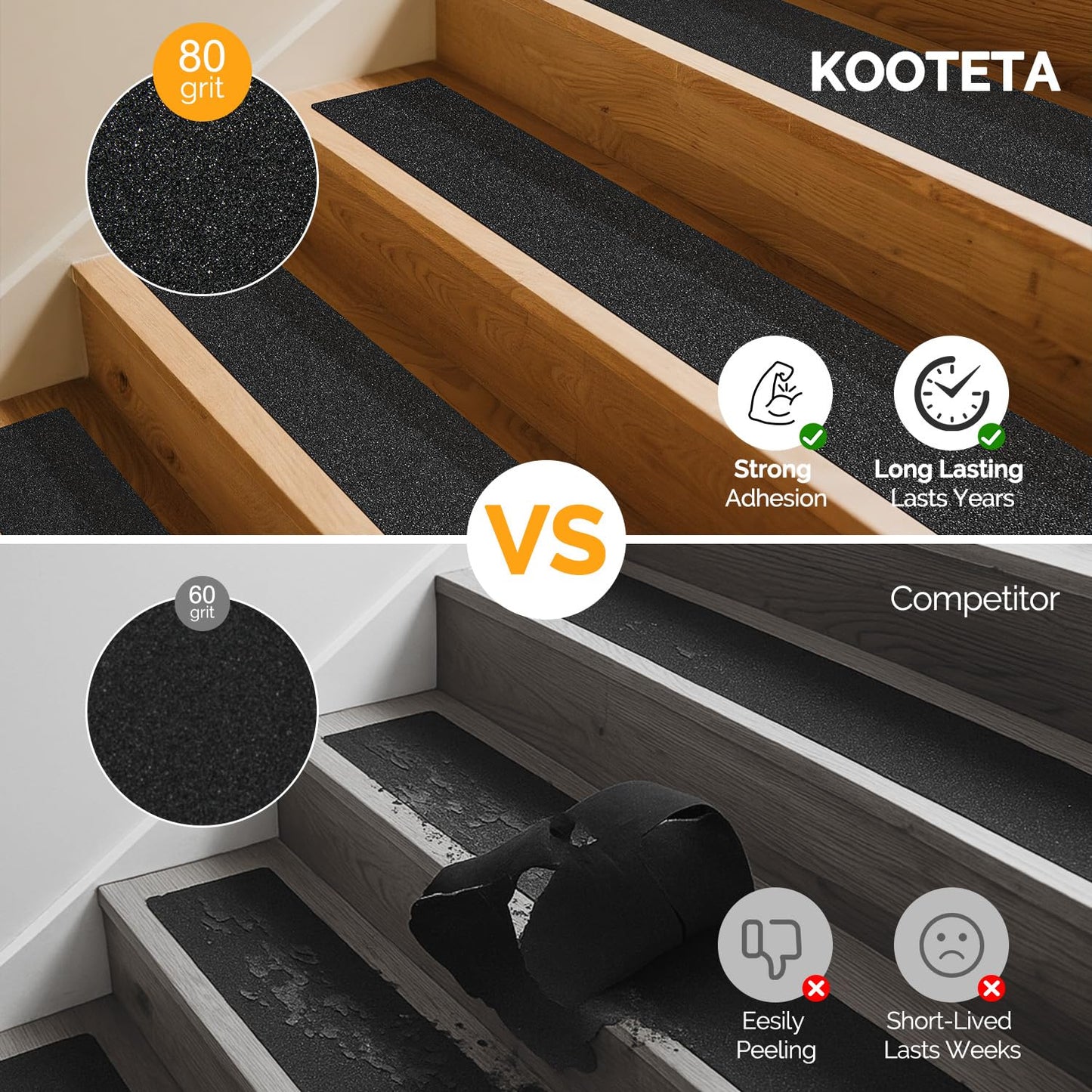 KOOTETA Stair Treads for Wooden Steps Indoor, 15 Pack 8" X 30" Non Slip Carpet Stair Treads with Reusable Adhesive for Kids Elders and Dogs, Surface Polyester TPR Backing Stair Runner Rugs, Dark Grey