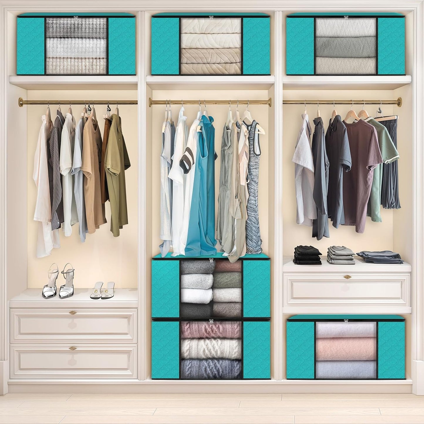 Fab totes 6 Pack Storage Bags for Clothes and Blanket, Foldable Closet Organizers and Storage with Zippers, Clear Window and Handles, Fabric Storage Bins for Sweater, Comforter, Bedding,Linen Sheets