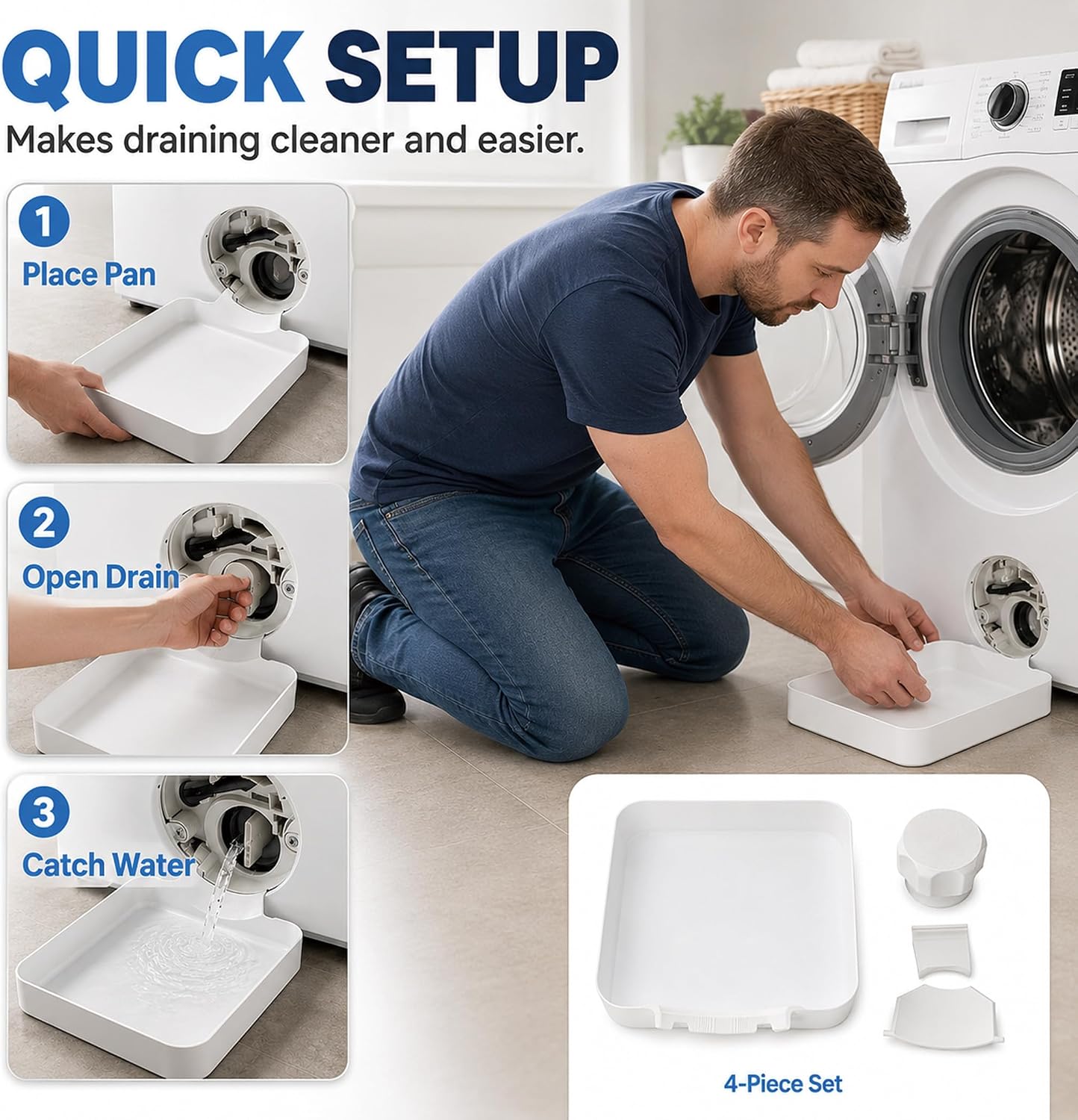 2027 Universal Front-Load Washing Machine Drain Pan - Washing Machine Drainage Tray for Basements, Apartments, Garages, Rentals, Easy Installation (Gray)