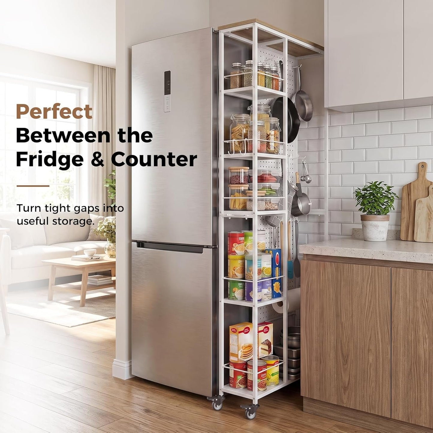 Slim Rolling Storage Cart, 8.3 Inch Narrow Storage Cart with Wheels, Pegboard & 5 Tier Shelves, Mobile Slim Storage Rack Next to Fridge for Kitchen, Laundry, White