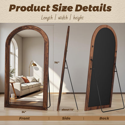 Antok Full Length Mirror with Solid Wood Frame, 71"×32" Wall Mounted Oversized Floor Mirror with Stand, Leaning Standing Hanging for Bedroom Living Room Entryway, Walnut, Arched Syle