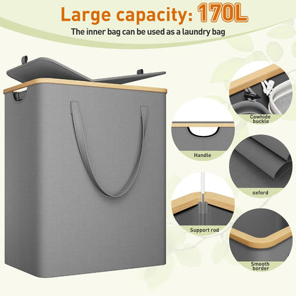 175L Laundry Hamper with Lid 3 Section, Extra Large Laundry Basket with 3 Removable Bags, 46 GAL Laundry Basket Organizer for Bedroom, Laundry Room, Dorm, Grey