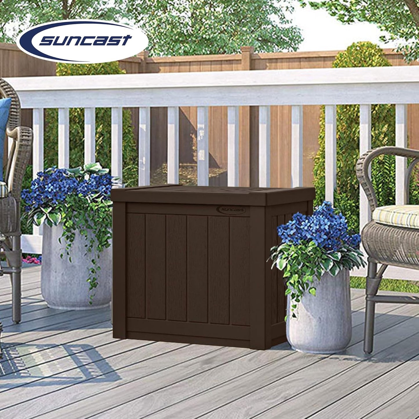 Suncast 22-Gallon Small Deck Box - Lightweight Resin Indoor/Outdoor Storage Container and Seat for Patio Cushions and Gardening Tools - Store Items on Patio, Garage, Yard - Stone Gray, Made in the USA