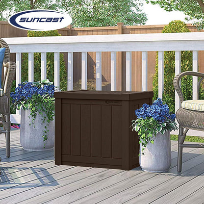 Suncast 22-Gallon Small Deck Box - Lightweight Resin Indoor/Outdoor Storage Container and Seat for Patio Cushions and Gardening Tools - Store Items on Patio, Garage, Yard - Stone Gray, Made in the USA