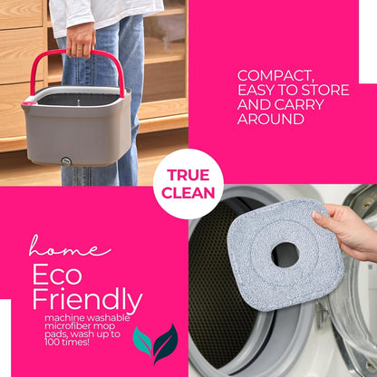 TRUE & TIDY Square Spin Mop & Bucket System – Dual Chamber for Clean & Dirty Water, 360° Rotating Self-Wringing Mop with Built-in Scrub Brush, Stainless Steel Handle & 2 Reusable Microfiber Mop Pads