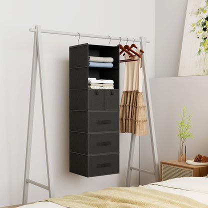6-Shelf Hanging Closet Organizer with 5 Drawers, Non-Woven Storage, Black | Spacious compartments sort clothes & undergarments; foldable drawers add hidden storage for closets, wardrobes or RVs.