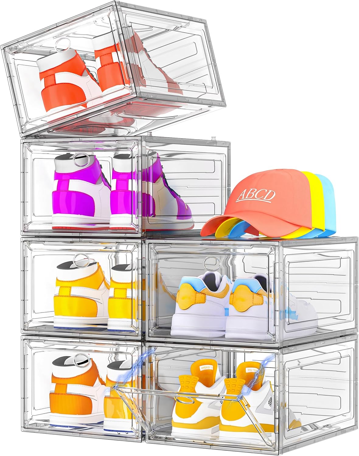 7 code Thicken & Sturdy Clear Shoe Storage Organizer with Magnetic Door, Stackable Boxes for Closet, Foldable Shoe Rack for Sneaker Boot Container, Plastic Shoe Cabinet Shoe Box 6 Pack, Black