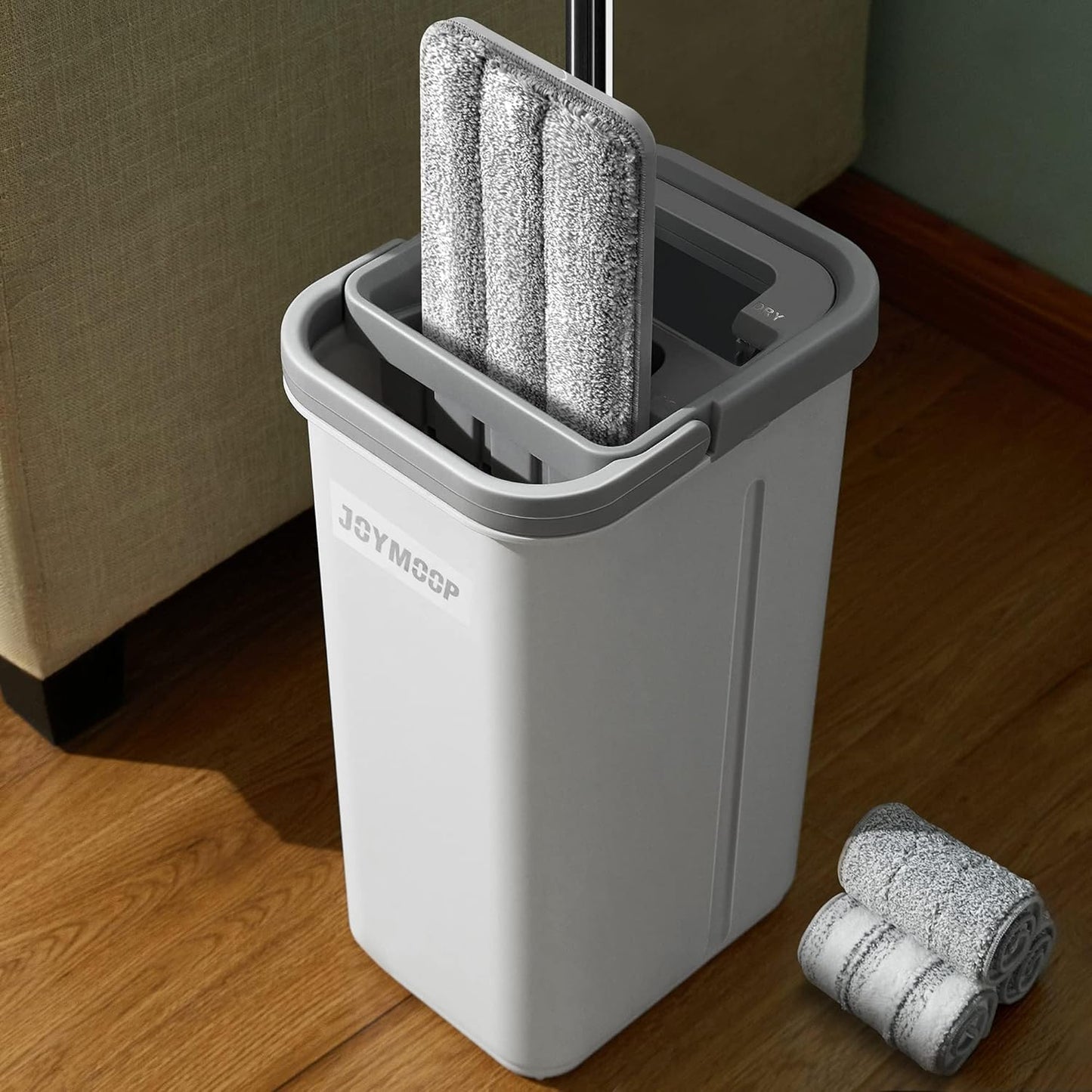 JOYMOOP Mop and Bucket Set, Flat Mops for Floor & Wall Cleaning, Commercial & Household Use, Hardwood Floor Mop with Long Handle & 4 Microfiber Pads