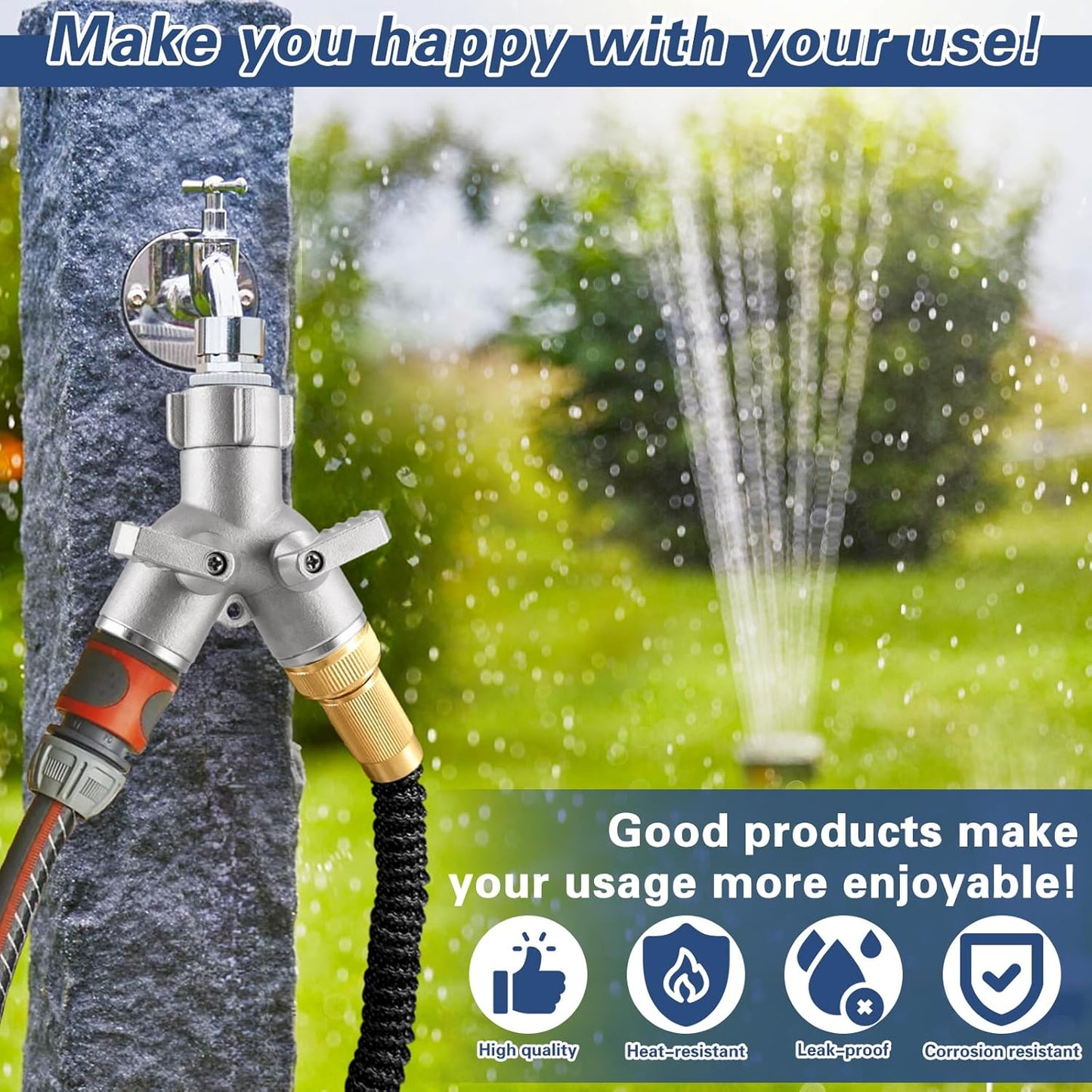 Heavy Duty Garden Hose Splitter 2 Way, Brass Full Flow Y Hose Splitter with Thickened Easy-Turn Handle, 3/4" GHT Outdoor Faucet Connector with Shut-Off Valves