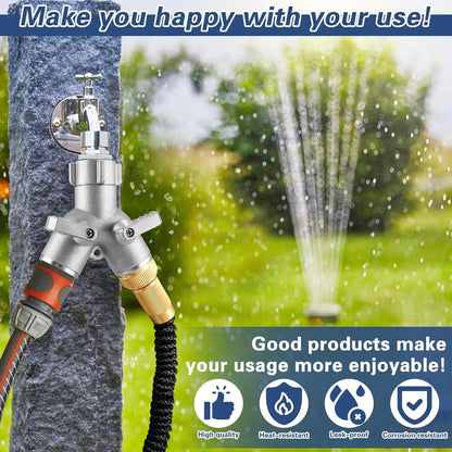 Heavy Duty Garden Hose Splitter 2 Way, Brass Full Flow Y Hose Splitter with Thickened Easy-Turn Handle, 3/4" GHT Outdoor Faucet Connector with Shut-Off Valves