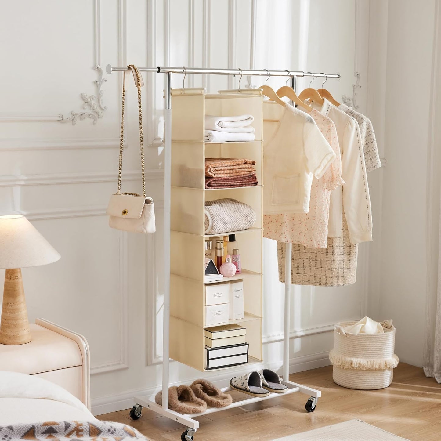 MAX Houser 6 Tier Shelf Hanging Closet Organizer, Closet Hanging Shelf with 2 Sturdy Hooks for Storage, Foldable (Grey)