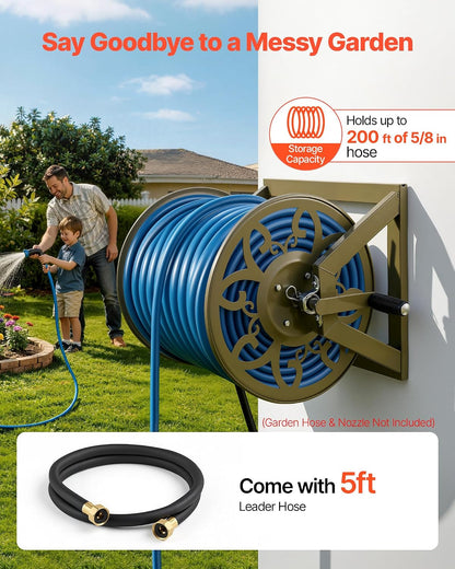VEVOR Wall Mounted Garden Hose Reel, Holds 125 ft 5/8-inch Hose, Heavy-Duty Water Hose Winder, Space-Saving Design, Outdoor Manual Reel with Brass Fitting and Storage Basket for Yard Lawn