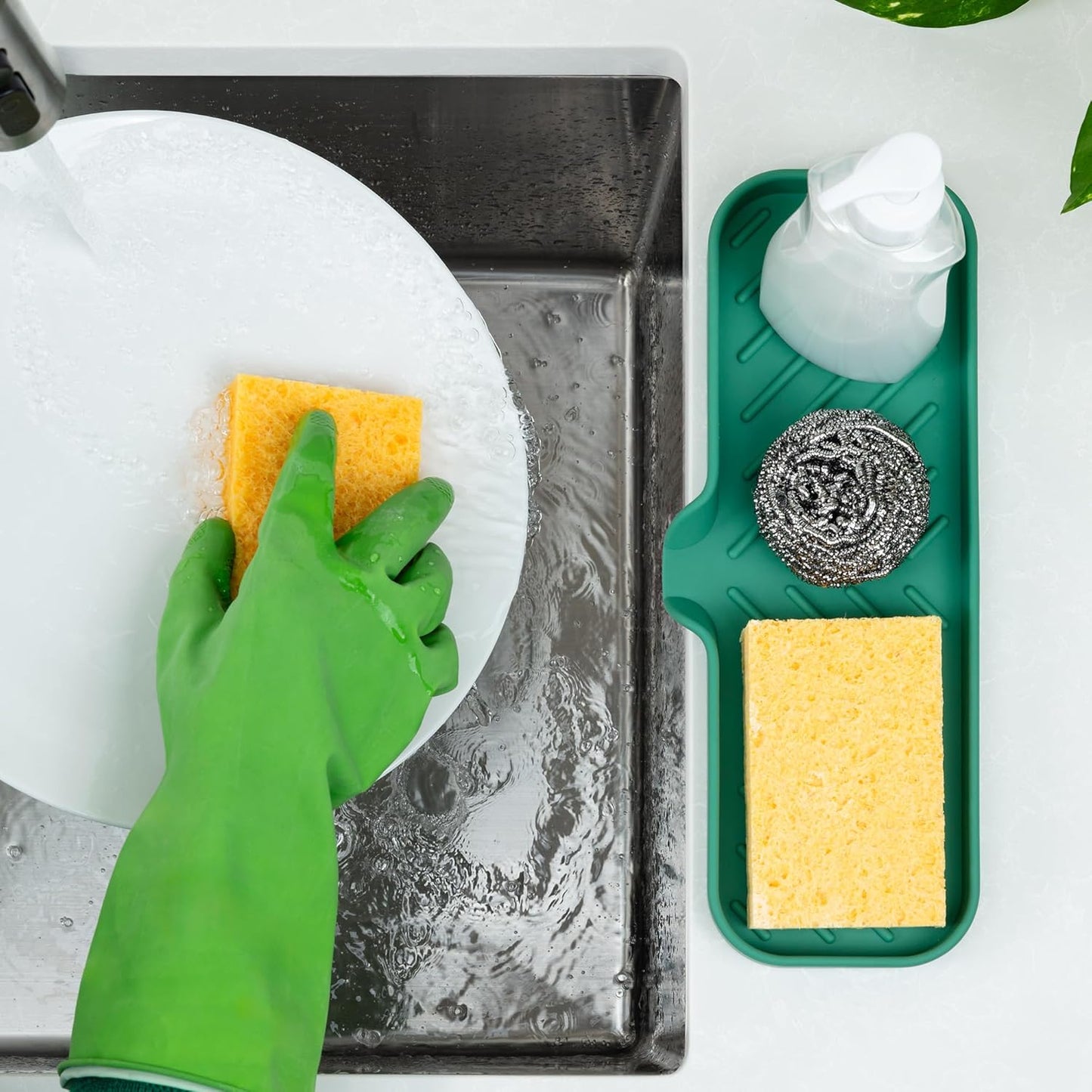 Zulay Kitchen (9x3.5in) Sponge Holder for Kitchen Sink - Flexible Heavy-Duty Multipurpose Sink Caddy - Counter Organizer for Kitchen, Bathroom, Makeup, Trinkets & More! (Grey)