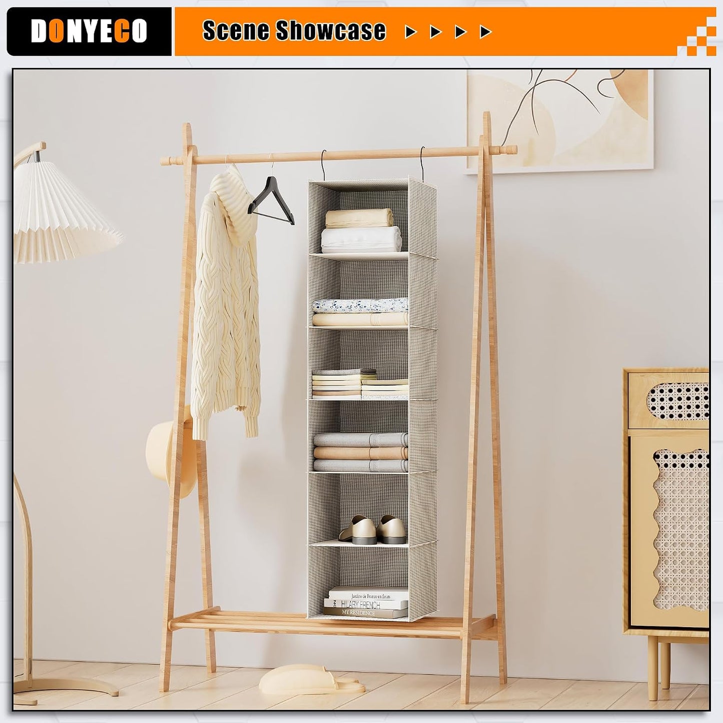 Hanging Closet Organizer 3-Shelf, Oxford Fabric Wardrobe Storage, Gray | Easy-mount foldable design holds clothes, handbags, shoes & accessories; washable Oxford fabric, sturdy and space-saving.