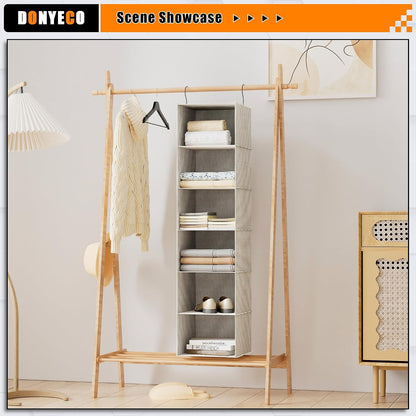 Hanging Closet Organizer 3-Shelf, Oxford Fabric Wardrobe Storage, Gray | Easy-mount foldable design holds clothes, handbags, shoes & accessories; washable Oxford fabric, sturdy and space-saving.