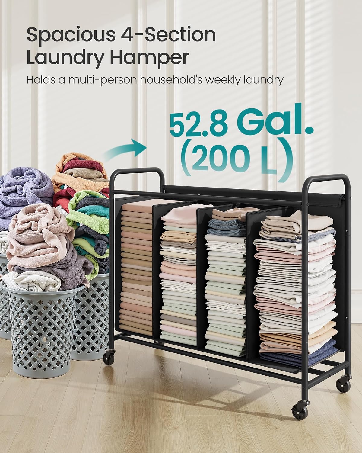 SONGMICS 3-Section Laundry Sorter, Laundry Hamper with Wheels, Rolling Clothes Hamper Cart with Large Capacity and Removable Bags, for Laundry Room, Bedroom, Bathroom, Ink Black URLS330B01