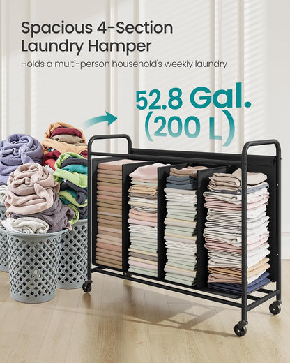 SONGMICS 3-Section Laundry Sorter, Laundry Hamper with Wheels, Rolling Clothes Hamper Cart with Large Capacity and Removable Bags, for Laundry Room, Bedroom, Bathroom, Ink Black URLS330B01
