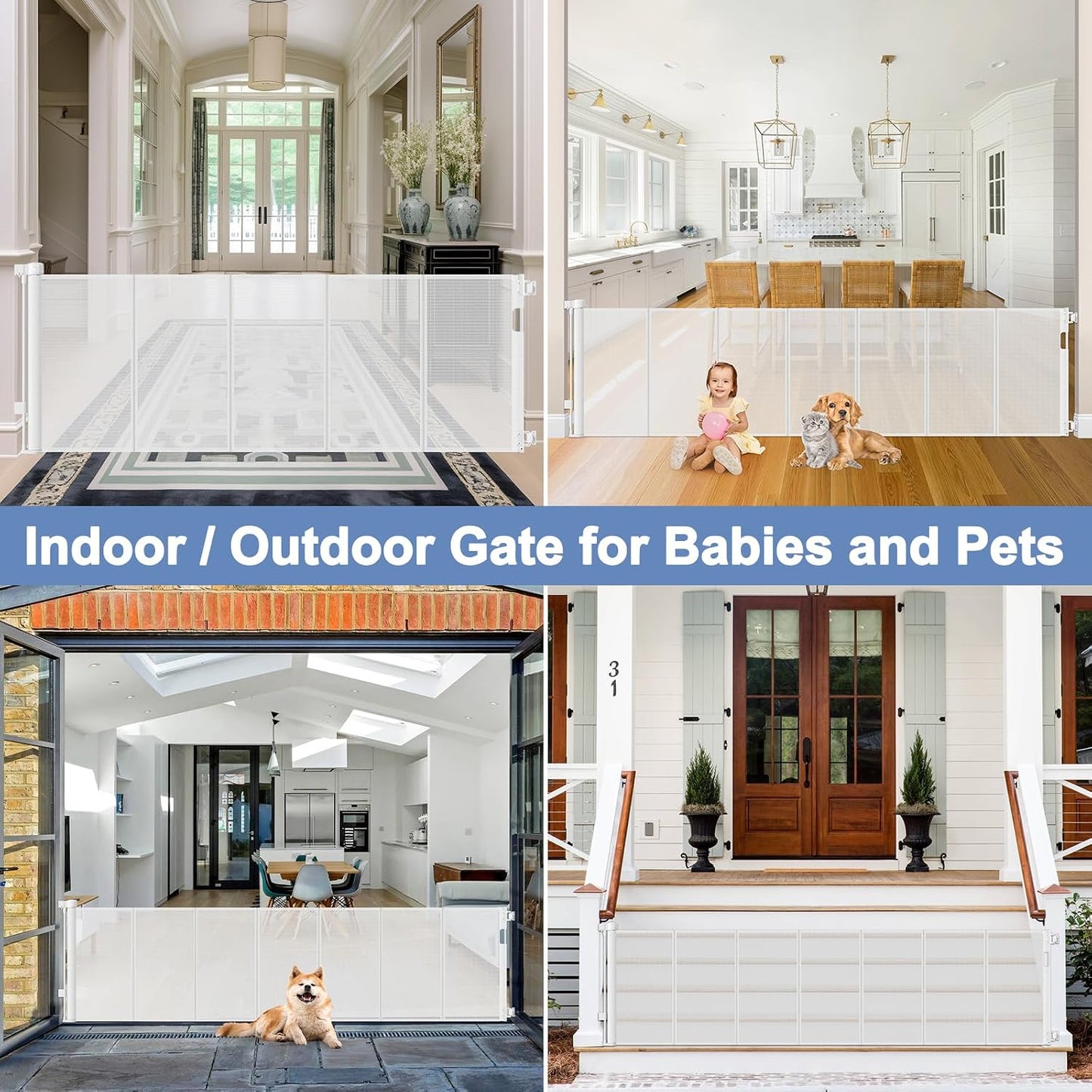 Reinforced Retractable Baby Gates with Support Beam 60" Wide Retractable Dog Gate Indoor Prevent Children and Dogs from Crawling Under Outdoor Dog Gate for Deck Mesh Gates for Kids or Pets, Black