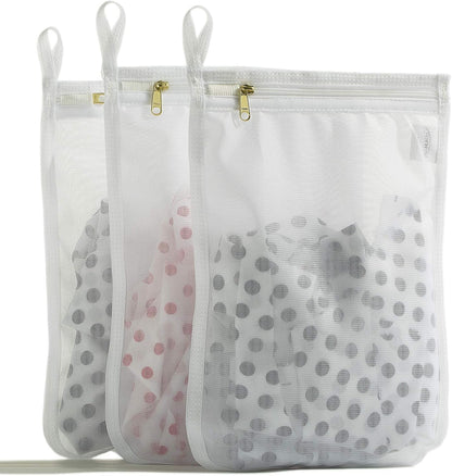 TENRAI Delicates Laundry Bags, Bra Fine Mesh Wash Bag for Underwear, Lingerie, Bra, Pantyhose, Socks, Use YKK Zipper, Have Hanger Loops, Small Openings (White, 3 Small)