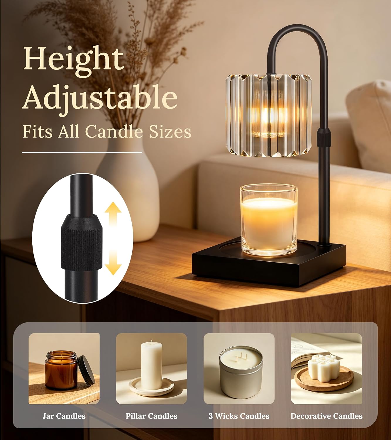 TigQiang Adjustable Height Candle Warmer Lamp, Candle Lamp Timer Dimmer 7 Levels, Compatible All Jar Candles, Top Melting, Cystal Candle Heater Lamp for Scented Wax, Elegant Home Decoration, Black