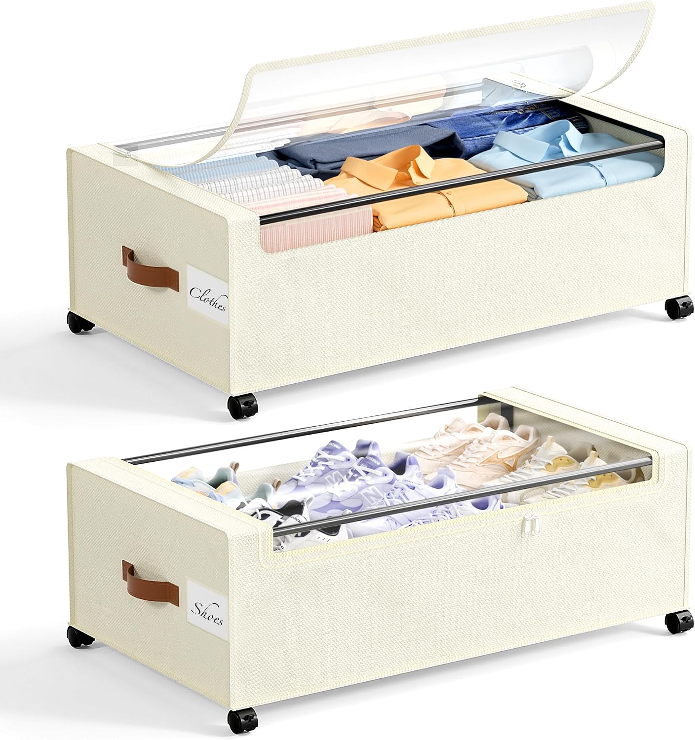 Yecaye Under Bed Storage with Wheels, 2 Pack Under Bed Storage Containers, 60L Underbed Shoe Storage with Clear Window & Label, Rolling Under Bed Metal Drawer for Clothes, Shoes, Books, Blankets