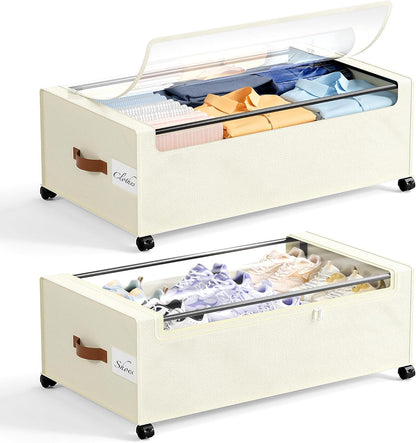 Yecaye Under Bed Storage with Wheels, 2 Pack Under Bed Storage Containers, 60L Underbed Shoe Storage with Clear Window & Label, Rolling Under Bed Metal Drawer for Clothes, Shoes, Books, Blankets