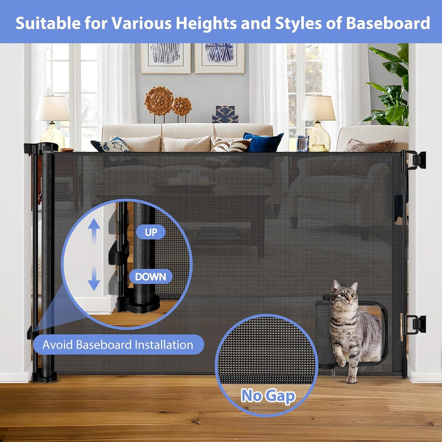 Retractable Baby Gate with Cat Door 55" Wide Retractable Baby Gate for Stairs Mesh Baby Gate with Pet Door Retractable Dog Gate for The House Retractable Pet Gate with Door Safety Gates for Toddlers