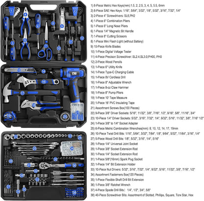 Prostormer Tool Set with 8V Cordless Drill, 369-Piece Home Tool Kit with Drill Driver, Toolbox Storage Case with Drawer, General Household Tools for Home Repairs and DIY, Handyman (Blue)