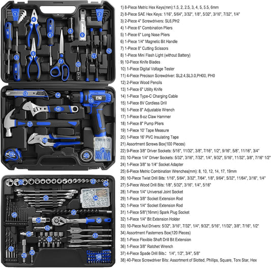 Prostormer Tool Set with 8V Cordless Drill, 369-Piece Home Tool Kit with Drill Driver, Toolbox Storage Case with Drawer, General Household Tools for Home Repairs and DIY, Handyman (Blue)