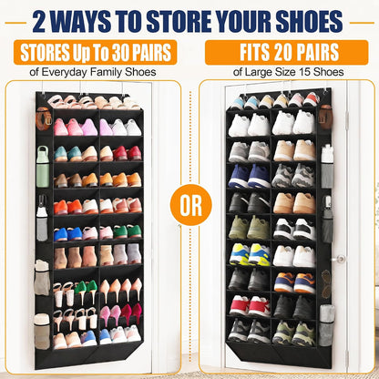 UVIAHOMI 20-30 Pairs Over the Door Shoe Organizer with Side Mesh Pockets, 10-Tier Hanging Shoe Storage for Closet, Breathable Door Shoe Rack Holds Sneakers, Boots, Heels & Daily Essentials, Black
