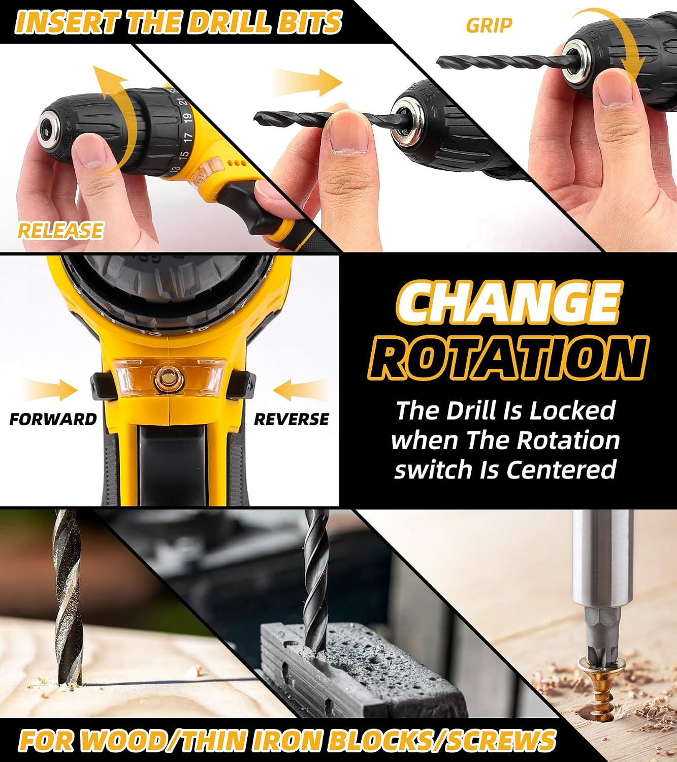 12V Drill Driver Power Tool Combo Kits with Cordless Drill, Professional Household Home Tool Kit Set, DIY Hand Tool Kits for Garden Office House Repair Yellow