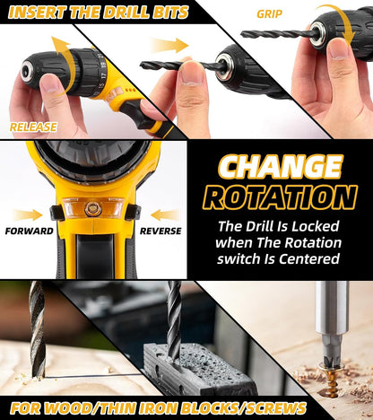 12V Drill Driver Power Tool Combo Kits with Cordless Drill, Professional Household Home Tool Kit Set, DIY Hand Tool Kits for Garden Office House Repair Yellow