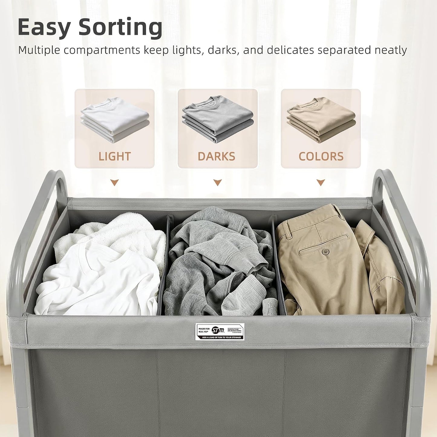 STORAGE MANIAC 3 Section Laundry Sorter, 60 Gal. Laundry Hamper Cart with Heavy Duty Rolling Lockable Wheels and Removable Bags, Clothes Organizer Basket Clothes Separator Hamper, Beige with Lid