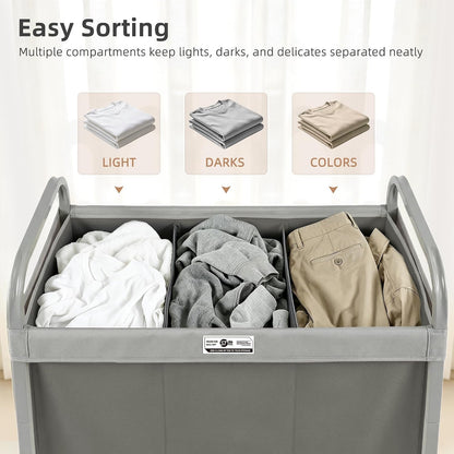 STORAGE MANIAC 3 Section Laundry Sorter, 60 Gal. Laundry Hamper Cart with Heavy Duty Rolling Lockable Wheels and Removable Bags, Clothes Organizer Basket Clothes Separator Hamper, Beige with Lid