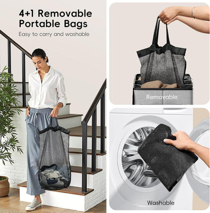 185L Laundry Hamper 3 Section, Laundry Hamper with Lid, Dirty Clothes Hamper with 3 Removable Washing Bags, Extra Large Laundry Basket Organizer for Bedroom, Laundry Room, Dorm - Black