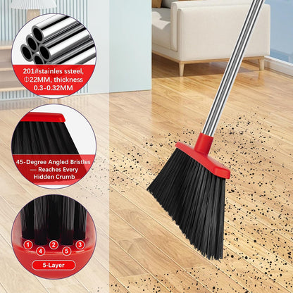 Heavy Duty Angle Broom, 55-Inch Long Handle Extra Wide 12.6 Inch Head, Stainless Steel Tube & PP Bristles for Pet Hair and Dust, Floor Safe - Black