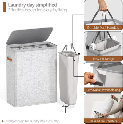 Sorbus Laundry Hamper with Lid - Collapsible 3-Compartment Fabric Laundry Basket with Handles and Removable Laundry Bag – 50 Gallon (190 L) Dirty Clothes Hamper for Bedroom, bathroom and dorm (Beige)