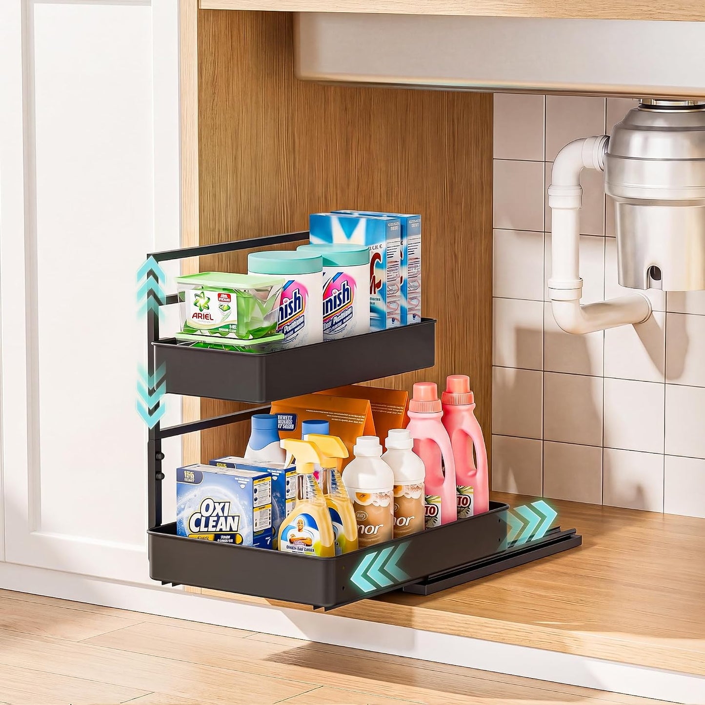 EVERIE Height Adjustable 2 Tier Metal Pull Out Slide Shelf Organizer for Under Sink Cabinets in Kitchen, Bathroom, with Snap-on Top Tray, 16" Deep (Black, 2 Sets) | Pull Out