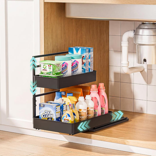 EVERIE Height Adjustable 2 Tier Metal Pull Out Slide Shelf Organizer for Under Sink Cabinets in Kitchen, Bathroom, with Snap-on Top Tray, 16" Deep (Black, 2 Sets) | Pull Out