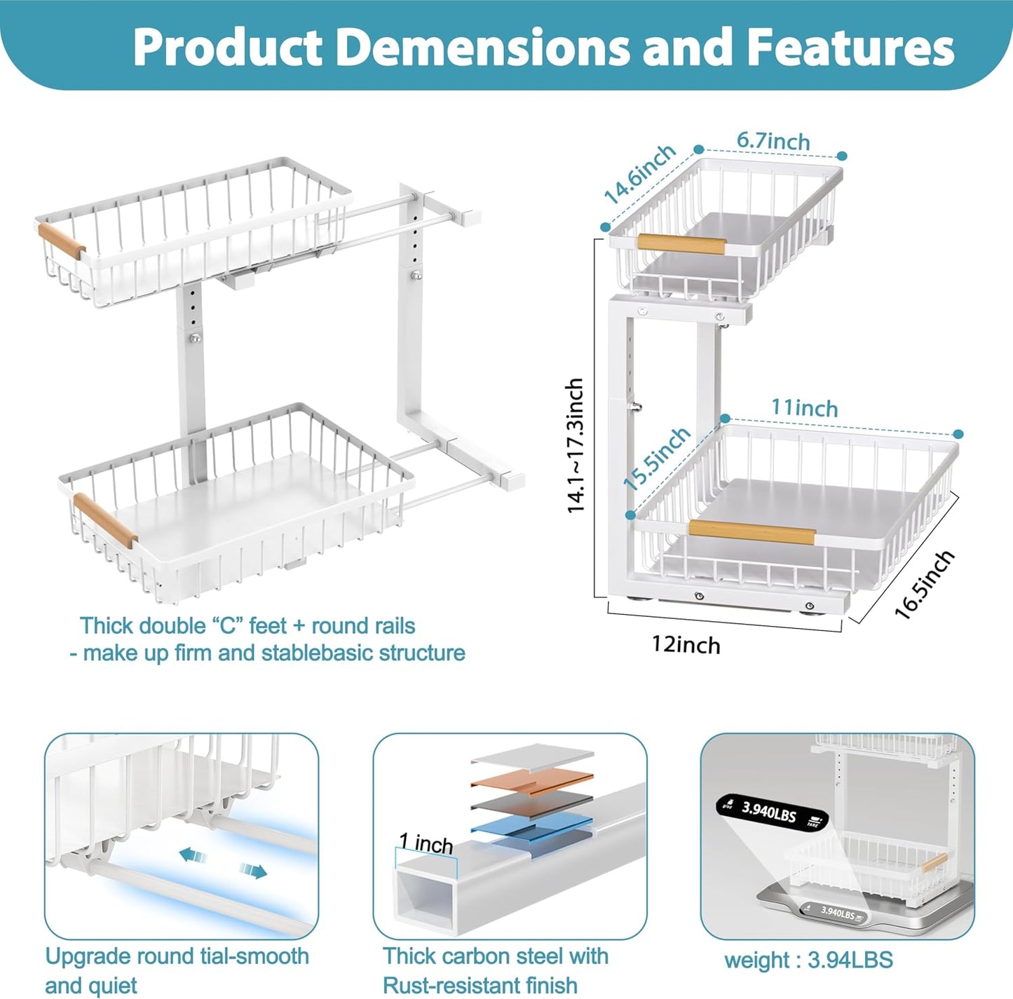 Liuoud Under Sink Organizer 2 Pack, 2 Tier Slide Out Large Capacity Height Adjustable Under Sink Organizers and Storage for Kitchen Bathroom Cabinet, White
