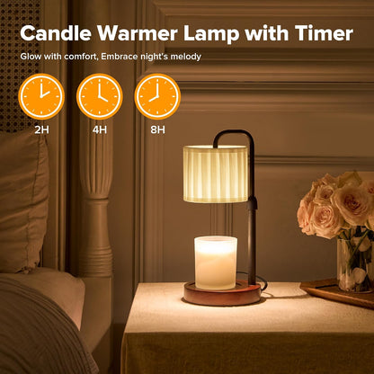 Candle Warmer Lamp with Timer, Dimmable Wax Warmer Candle Lamp for Jar Candle with 2 Bulbs, Christmas Birthday Gifts for Women Mom, Cozy Home Decor for Room, Bedroom, Kitchen-Pleated Fabric