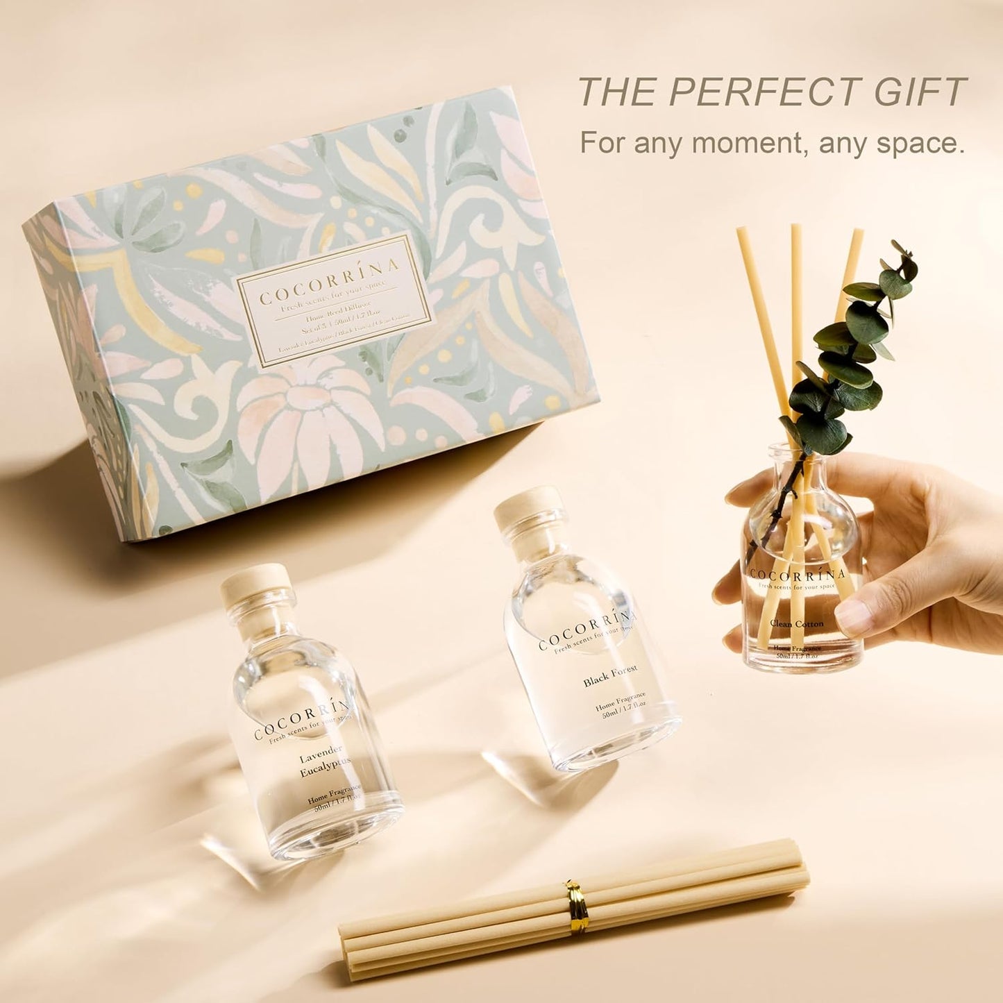 COCORRÍNA Eucalyptus Reed Diffuser Set of 3 - Eucalyptus & Moss, Clean Linen, Ocean Mist Scents, 1.7 fl oz Each, Total 5.1 oz, Scented Oil Diffusers for Home & Office